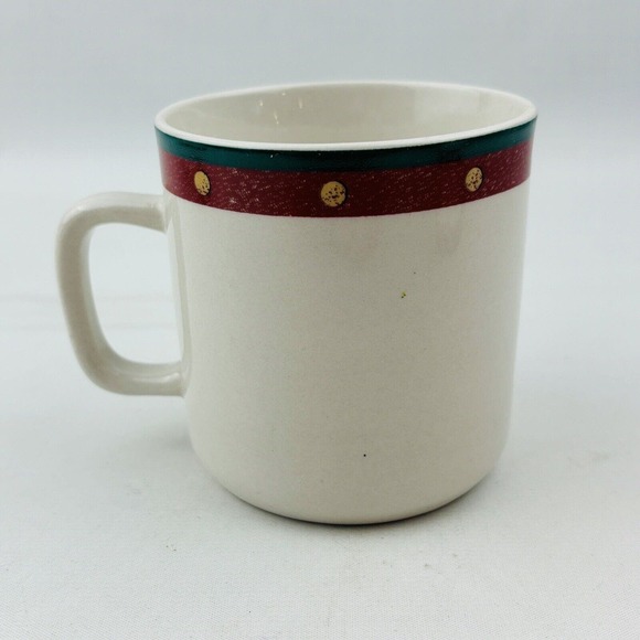Royal Seasons Snowmen 4 Mug Lot 3.25" Cup Red‎ Band Dots Green Trim Stoneware - Picture 7 of 10